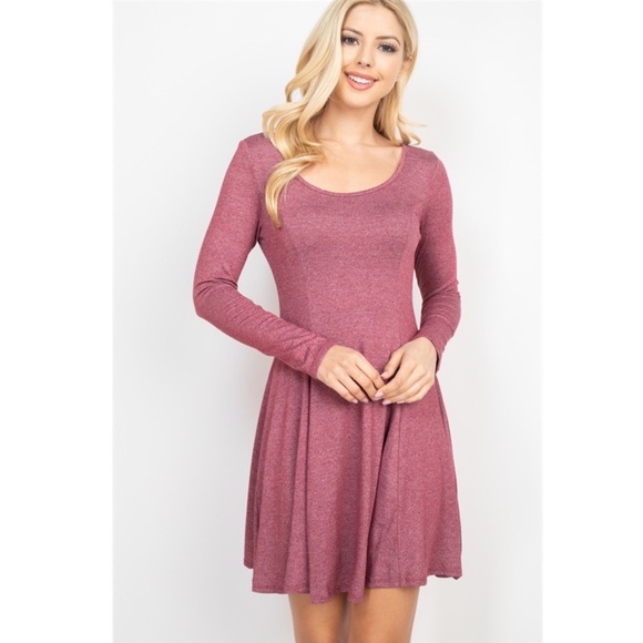 Mauve Long Sleeve Strappy Back Flared Skirt Mini Dress - Picture 2 of 16